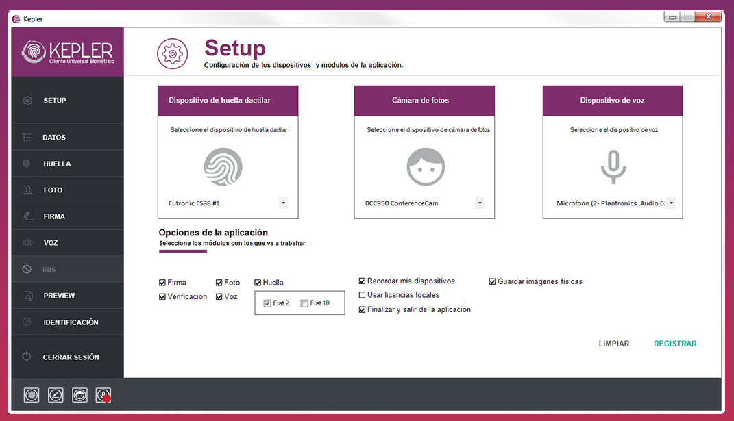 pantalla setup kepler Biometría configuracion